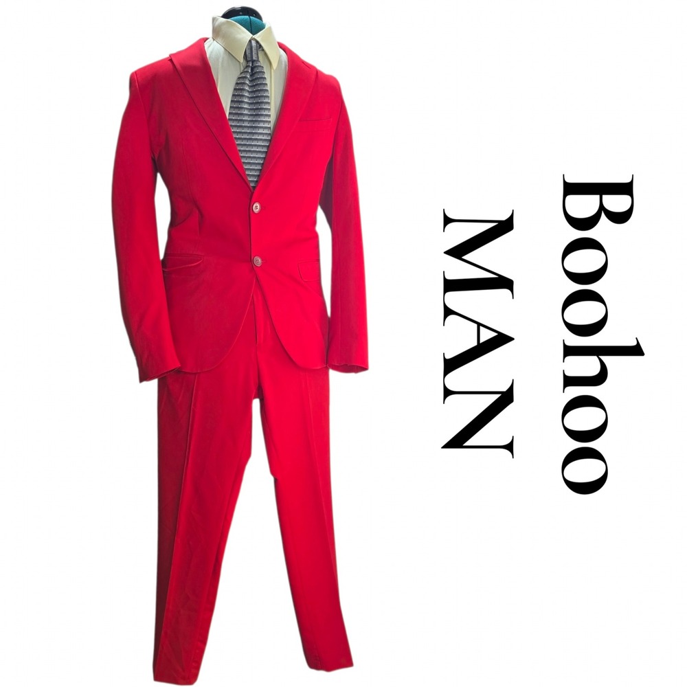 boohooMAN Suit Mens 38R 30S Red Polyester Blend Skinny Fit 2-Piece Formal Party